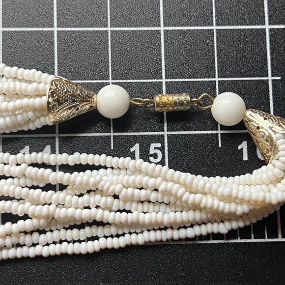 White Seed Bead Multi Strand Necklace Gold Tone Filigree Caps Glass 32" Vtg READ - Picture 3 of 8